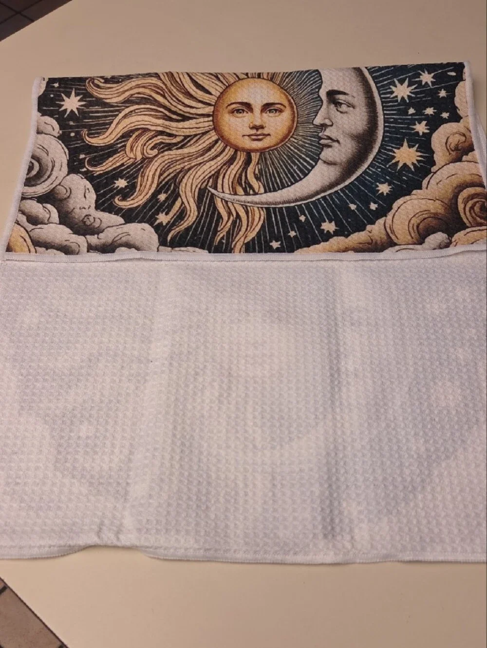 Sun and Moon Decorative Kitchen Tea Towel in Gold and Navy SET OF 2